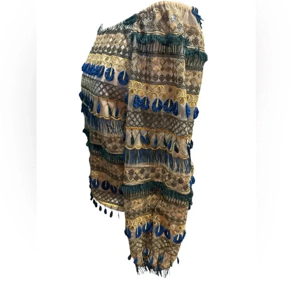 Alice + Olivia Mixed Media Boho Beaded Fringe Blouse size S - Picture 6 of 16